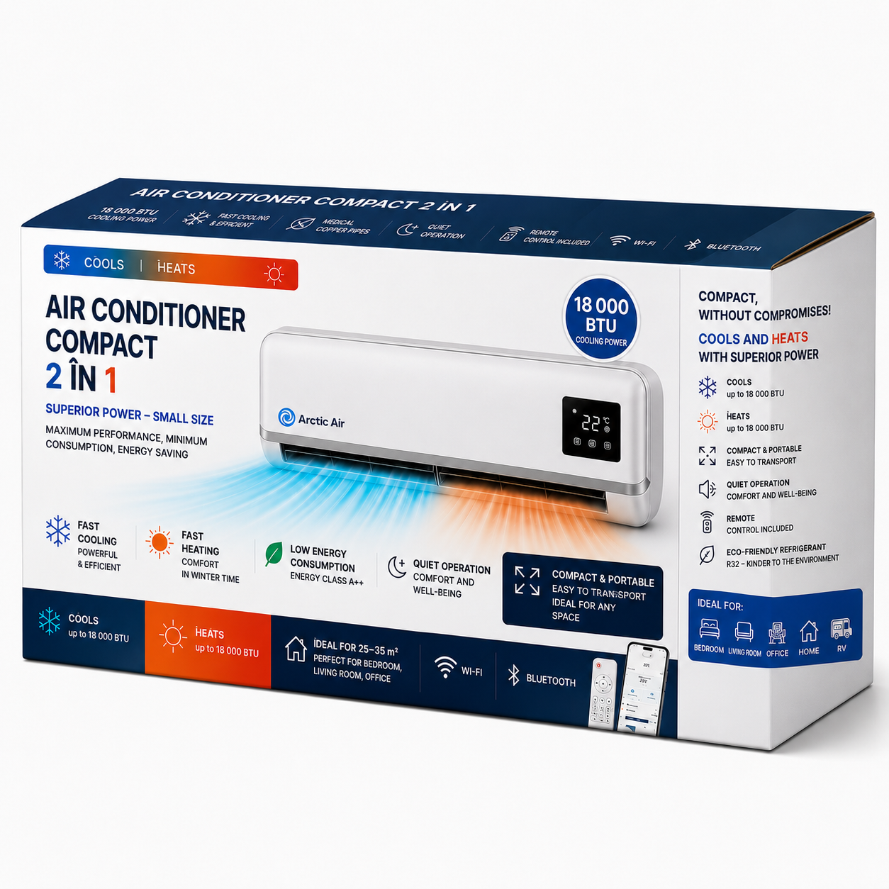 (KIT PARA CADA HABITACIÓN) 3 unidades. Arctic Air, Dual Inverter, energéticamente eficiente, autolimpiable, control remoto y por aplicación